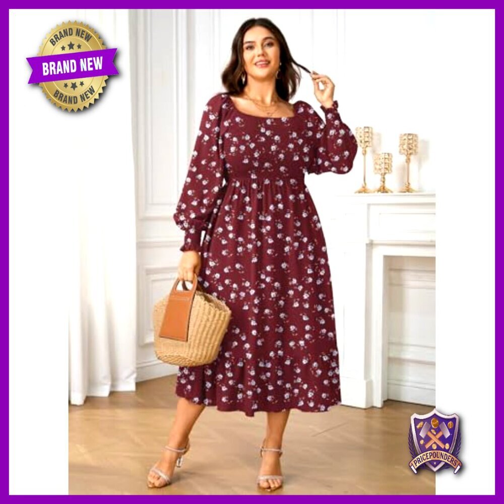 Plus Size Maxi Dress Long Sleeve Square Neck Smocked Ruffle Swing Flowy - Picture 5 of 7